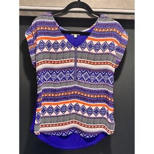 Takara Womens‎ Small Blue Geometric Print Lace Shoulder Zipper Top